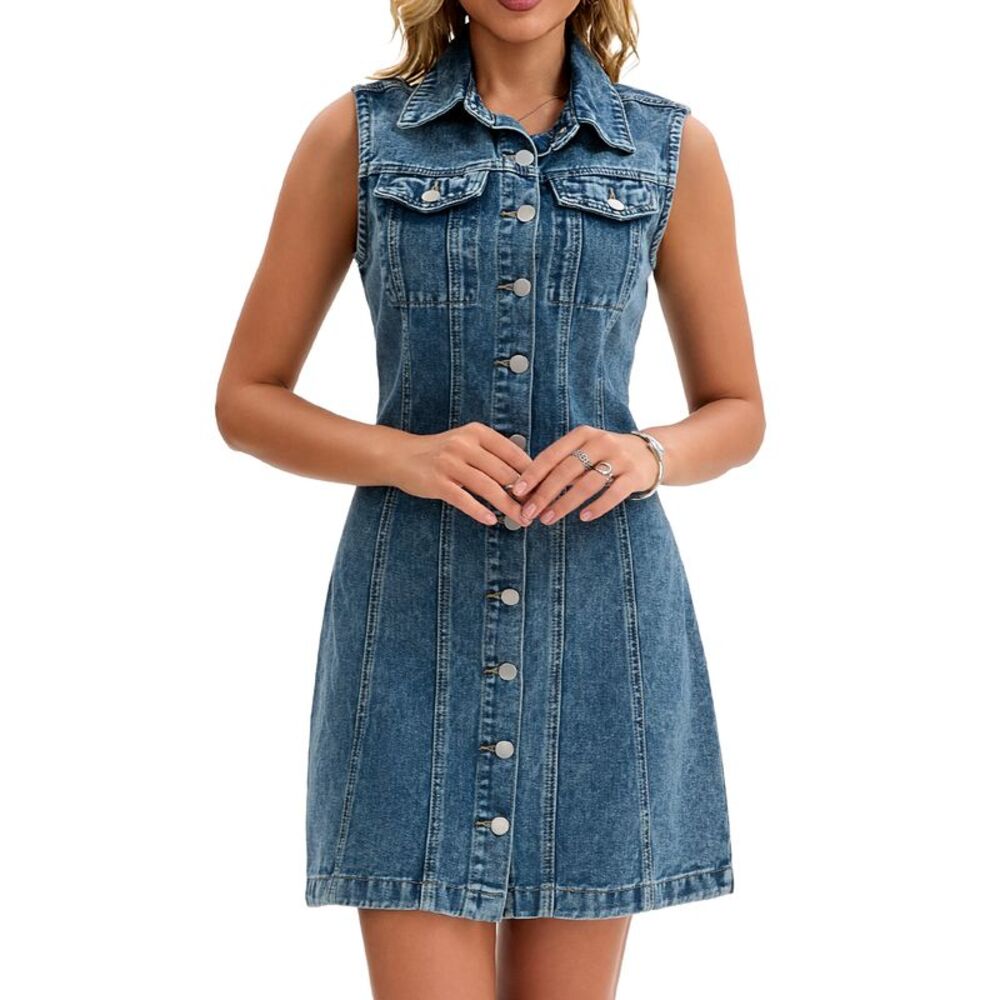 Women Denim Dress Sleeveless Collared Western Short Jean Dress Grey Blue